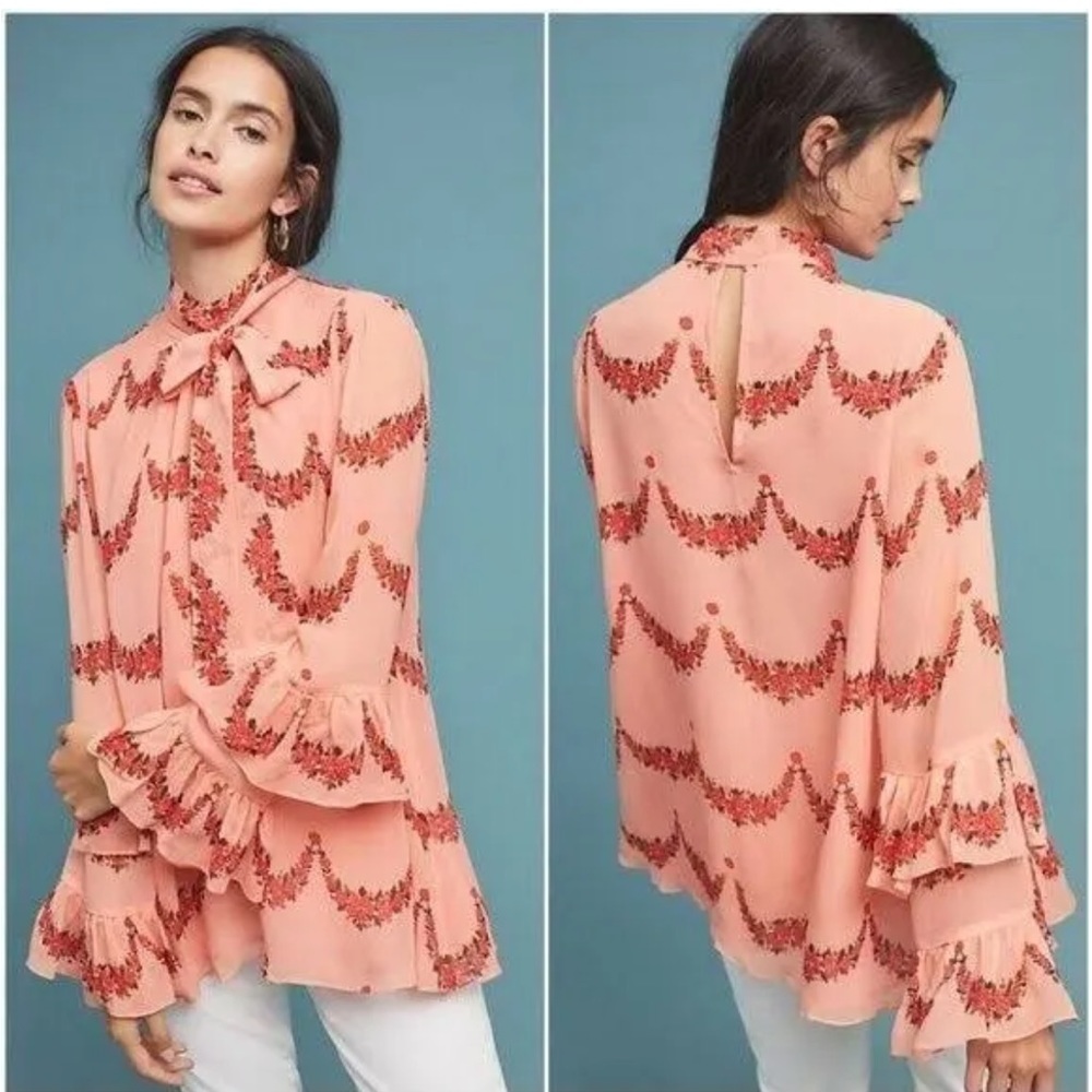Nikasha Bishop Blouse Long sleeves Anthropologie Billowy Sleeve floral Sheer